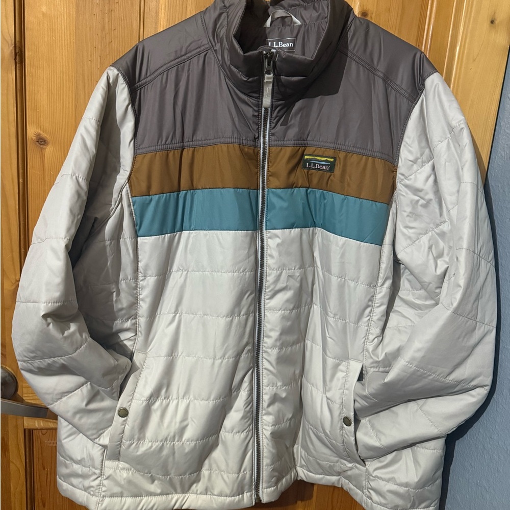 L.L. Bean Tan, Brown, and Blue Puffer Jacket